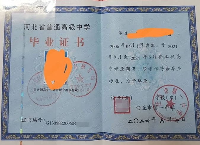 银川任丘市第一中学高中毕业证样本图片